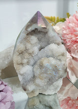 Load image into Gallery viewer, Titanium Aura Sphalerite Flame Tower Druzy Crystal Cluster

PROMOTES PSYCHIC DEVELOPMENT AND UPLIFTS

Absolutely Stunning Titanium Aura Sphalerite Crystal Flame Crystal Cluster.  The Druzy and formation on this is spectacular!. 
