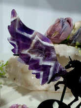 Load image into Gallery viewer, Beautiful polished Crystal Chevron Amethyst Pegasus Wings on stand. Inspiring Intuition and Spirituality
