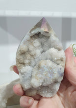 Load image into Gallery viewer, Titanium Aura Sphalerite Flame Tower Druzy Crystal Cluster

PROMOTES PSYCHIC DEVELOPMENT AND UPLIFTS

Absolutely Stunning Titanium Aura Sphalerite Crystal Flame Crystal Cluster.  The Druzy and formation on this is spectacular!. 
