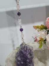Load image into Gallery viewer, THE SEER AMULET - handcrafted Amethyst Cluster silver Crystal Energy Enhancer© Hanger Ornament Suncatcher

INTUITION / SPIRITUALITY / TRUST

Gorgeous Large Amethyst Cluster beaded with Amethyst, quartz and rose quartz. Wired in Silver
