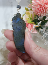 Load image into Gallery viewer, THE FEATHER OF AN ANGEL - Labradorite Feather Stone Silver Wired Crystal Energy Enhancer© / Hanger / Ornament / Sun Catcher

ANGELIC CONNECTION | STRENGTH | INTUITION

Gorgeous Labradorite feather stone crystal carving beaded with Labradorite and Moonstone. Wired in Silver
