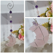 Load image into Gallery viewer, THE PINK MOON" Handcrafted Rose Quartz Moon Carving Stone Silver Crystal Energy Enhancer© Hanger Ornament Suncatcher 

INSPIRES LOVE | HARMONY | GROWTH

Beautiful Rose Quartz Moon Crystal Carving beaded with Rose Quartz and Amethyst. wired in silver
