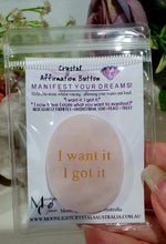 Load image into Gallery viewer, Rose Quartz Crystal Affirmation Button. Use to manifest your hopes, dreams and love. Genuine Rose Quartz Crystal Carving 
