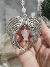 Load image into Gallery viewer, MEMORIAL KEEPSAKE Angel Wings ROSE QUARTZ Crystal Energy Enhancer© / Ornament / Sun Catcher / Memorial Hanger 195mm
