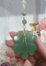 Load image into Gallery viewer, "LUCKY FOUR-LEAF CLOVER BLESSINGS" Handcrafted Aventurine Crystal Carving Gold Stone Crystal Energy Enhancer© / Hanger / Ornament / Suncatcher 

Beautiful Aventurine four-leaf clover crystal carving beaded with Amazonite, Aventurine and Quartz. Wire wrapped in Gold. 


