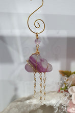 Load image into Gallery viewer, Lovely "EVERY CLOUD HAS A SILVER LINING" Fluorite Cloud gold wired Crystal Energy Enhancer© Hanger Ornament Suncatcher.

From Darkness comes Light. 

TRANSFORMATION / INTUITION / SPIRITUALITY

Beautiful Fluorite Cloud Crystal Carving beaded with Fluorite &amp; Quartz.  wired in Gold
