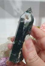 Load image into Gallery viewer, Moss Agate Crystal Tower Point Stone

INSPIRES GROUNDING AND CONNECTION TO EARTH

Lovely Moss Agate Crystal Point Tower. 
