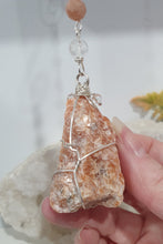 Load image into Gallery viewer, "EMPOWERED BY THE SUN" Sunstone Raw Crystal Carving Stone Silver Crystal Energy Enhancer© Hanger Ornament Suncatcher 200mm | Inspires Empowerment, Joy and Courage
