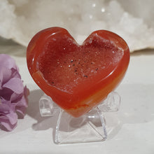 Load image into Gallery viewer, Stunning Carnelian Heart Crystal Carving on Stand.  Inspires Sensuality and Self Confidence. Fantastic Druzy
