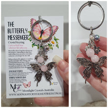 Load image into Gallery viewer, THE BUTTERFLY MESSENGER " Metal Butterfly Keyring Key chain with Rose Quartz &amp; Rainbow Hematite Beads Stone Silver Crystal Key Ring 

INSPIRES CONNECTION, LOVE &amp; TRANSFORMATION

Carry a little Love wherever life takes you. 

Lovely silver coloured metal Butterfly Keyring Key ring keychain with flower charms, beaded with Rose Quartz and Rainbow Hematite.

Great christmas kris kringle or stocking filler gift 



