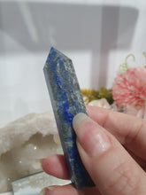 Load image into Gallery viewer, Lapis Lazuli with Pyrite Crystal Point Tower Stone.  

INSPIRES HARMONY, WISDOM &amp; PSYCHIC PROTECTION

Lovely Lapis Lazuli crystal point tower with gorgeous Pyrite inclusions. 
