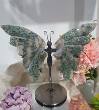 Load image into Gallery viewer, Moss Agate Butterfly Wings Crystal Carving Stone on Stand.

INSPRIES GROUNDING AND CONNECTION TO EARTH

Beautiful Moss Agate Stone Butterfly Wings Crystal Carving Stone on stand. Such lovely patterns.     
