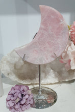 Load image into Gallery viewer, Pink Opal Moon Crystal Carving Stone on Silver Stand 

Inspires Compassion and Nurturing

Beautiful Pink Opal Moon Crystal Carving on silver stand     
