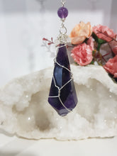 Load image into Gallery viewer, SCEPTOR OF INSIGHT - INTUITION / LOVE / TRUST Amethyst Sceptor Point Silver Wired Crystal Energy Enhancer© / Hanger / Ornament / Sun catcher EE115
