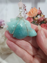 Load image into Gallery viewer, The Guardian of Good Fortune Amazonite Turtle Crystal Energy Enhancer Suncatcher Hanger Ornament. Beaded with amazonite and rose quartz and wired in gold. 
