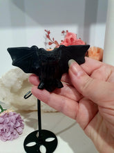 Load image into Gallery viewer, Beautiful polished Black Obsidian BAT Crystal Carving Stone on stand. Promotes protection and balance
