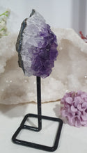 Load image into Gallery viewer, Gorgeous Amethyst Crystal Cluster Stone On stand. So sparkly and great display piece. 
