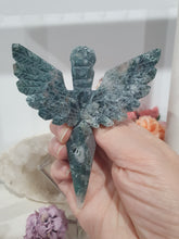Load image into Gallery viewer, Stunning Moss Agate Dagger with Angel Wings Crystal Carving Stone on Silver Stand. Tranquility and Grounding Energy 
