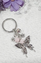 Load image into Gallery viewer, THE BUTTERFLY MESSENGER " Metal Butterfly Keyring Key chain with Rose Quartz &amp; Rainbow Hematite Beads Stone Silver Crystal Key Ring 

INSPIRES CONNECTION, LOVE &amp; TRANSFORMATION

Carry a little Love wherever life takes you. 

Lovely silver coloured metal Butterfly Keyring Key ring keychain with flower charms, beaded with Rose Quartz and Rainbow Hematite.



