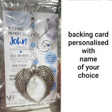 Load image into Gallery viewer, MEMORIAL KEEPSAKE Angel Wings BLUE JADE Crystal Energy Enhancer© / Ornament / Sun Catcher / Memorial Hanger 195mm
