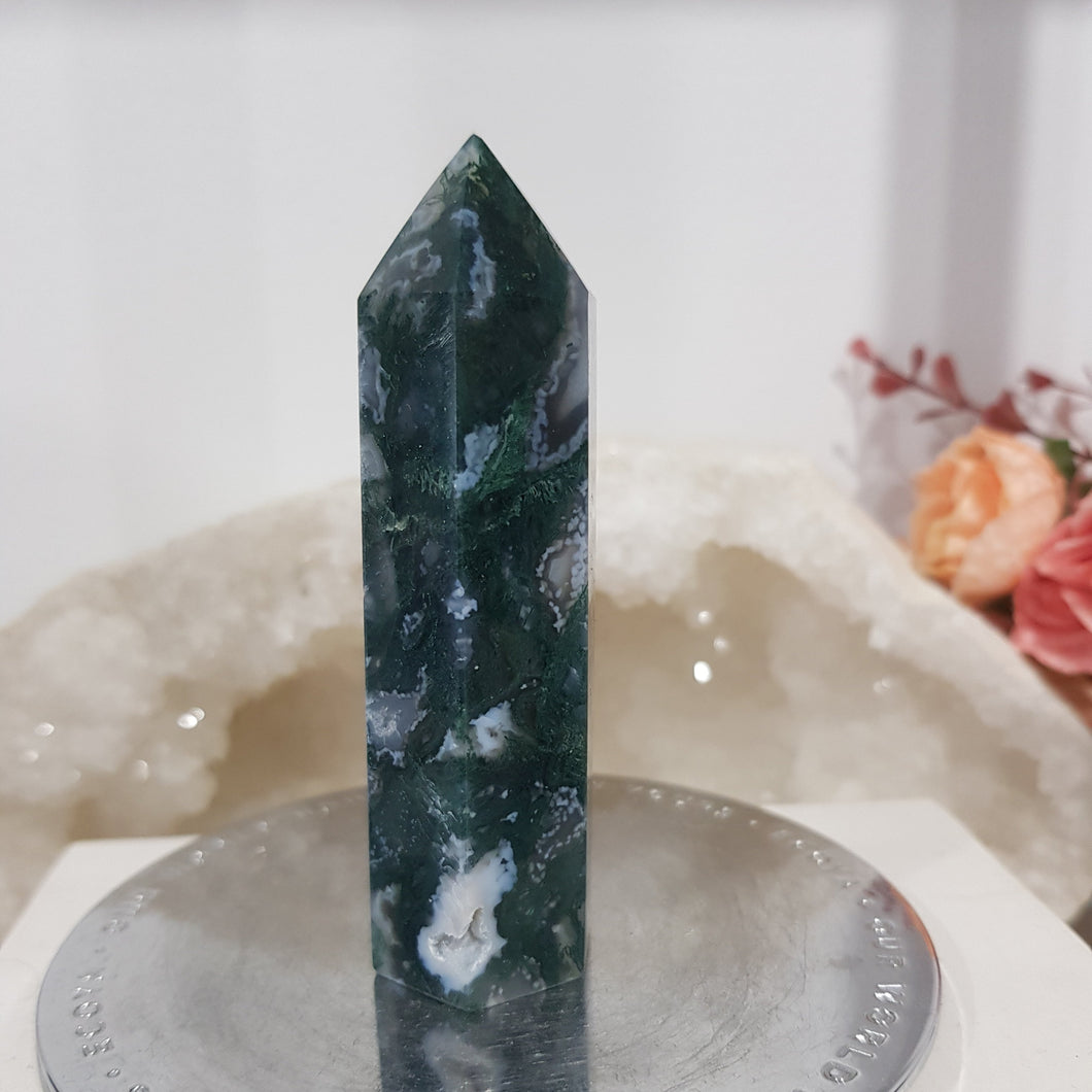 moss agate crystal point tower