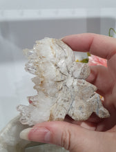 Load image into Gallery viewer, Fairy Quartz Cluster Crystal Carving Stone . Discounted as she is slightly bent 

Inspires Magick, Purity &amp; Spirituality

Stunning Quartz Crystal cluster fairy with gorgeous quartz crystal teeth. She is discounted as slightly bent at top
