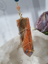 Load image into Gallery viewer, WAND OF EMPOWERMENT Sunstone Crystal Tower Stone Gold Wired Crystal Energy Enhancer© Hanger Ornament Suncatcher.  Crystal Suncatcher. Inspires Courage, Joy &amp; Knowledge
