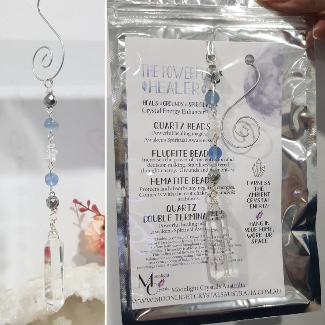 THE POWERFUL HEALER - Quartz Double Terminated Quartz Silver Wired Stone Crystal Energy Enhancer© / Hanger / Ornament / Sun Catcher 180mm EE80