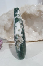 Load image into Gallery viewer, Moss Agate Flame Tower Crystal Carving Stone

INSPIRES GROUNDING AND CONNECTION TO EARTH

Lovely Moss Agate Flame Crystal Carving Stone. 
