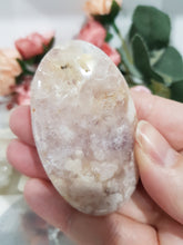 Load image into Gallery viewer, Pink Amethyst / Flower Agate Crystal Palm Stone on stand 60mm 1
