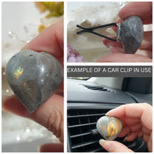 Load image into Gallery viewer, Heart Car Clip Labradorite Crystal Carving Stone

Inspires Inner Strength and Spiritual Growth

Lovely Heart labradorite Crystal Car Clip.  Decorative Clip for Car Vent. 

