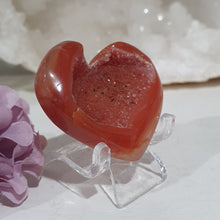 Load image into Gallery viewer, Stunning Carnelian Heart Crystal Carving on Stand.  Inspires Sensuality and Self Confidence. Fantastic Druzy
