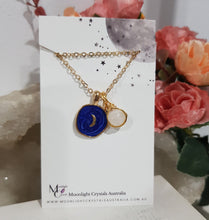 Load image into Gallery viewer, Midnight-Moon-Enamel-Pendant-with-Crystal-Moonstone-Bead-Gold-Necklace- Moonlight-Crystals-Australia
