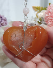 Load image into Gallery viewer, HEART OF LOVE &amp; SEDUCTION" -  - Carnelian Heart Silver Wired Stone Crystal Energy Enhancer© Hanger Suncatcher Ornament 200mm | Inspires Sensuality, Love &amp; Stability

INSPIRES SENSUALITY | LOVE | STABILITY 

Carnelian heart Crystal Energy Enhancer© / Hanger / Ornament beaded with Carnelian, Rose Quartz, Hematite, Herkimer Diamonds and quartz.  wired in silver
