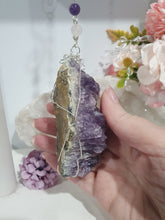 Load image into Gallery viewer, THE SEER AMULET - handcrafted Amethyst Cluster silver Crystal Energy Enhancer© Hanger Ornament Suncatcher

INTUITION / SPIRITUALITY / TRUST

Gorgeous Large Amethyst Cluster beaded with Amethyst, quartz and rose quartz. Wired in Silver
