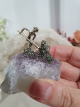 Load image into Gallery viewer, Gorgeous Miner on Amethyst Crystal Cluster Stone with pyrite. Inspires Intuition and spirituality
