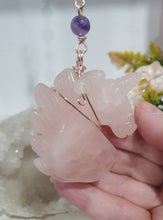 Load image into Gallery viewer, HEART OF A UNICORN" Aura Howlite Heart Stone Rose Gold Crystal Energy Enhancer© Hanger Ornament Suncatcher

Gorgeous Rose Quartz Unicorn Crystal Carving beaded with Amethyst, Rose Quartz, Rhodochrosite and Quartz. Wire wrapped in Rose Gold

