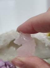 Load image into Gallery viewer, MINI Unicorn Rose Quartz Crystal Carving Stone

INSPIRES UNCONDITIONAL LOVE AND HARMONY

Gorgeous cute MINI Unicorn Rose Quartz Crystal Carving. 

