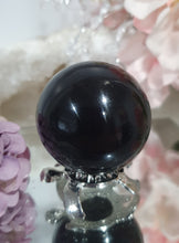 Load image into Gallery viewer, Black Obsidian Sphere Crystal Carving Stone on metal Silver Turtle Stand

Inspires Protection and balance
