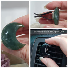 Load image into Gallery viewer, Moon Car Clip Moss Agate Stone Crystal Carving Stone

Inspires Transformation and Grounding

Moon Crystal Car Clip.  Decorative Clip for Car Vent. 
