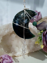Load image into Gallery viewer, The Grounding Moon Crystal Energy Enhancer Suncatcher. Stunning Moss agate Moon beaded with Moss Agate and quartz.  Hang in your home or space and feel the ambient energy. Great Crystal gift idea. 
