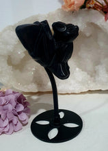 Load image into Gallery viewer, Beautiful polished Black Obsidian BAT Crystal Carving Stone on stand. Promotes protection and balance
