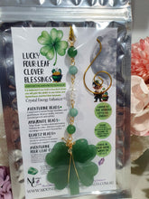Load image into Gallery viewer, LUCKY FOUR-LEAF CLOVER BLESSINGS" Handcrafted Aventurine Crystal Carving Gold Stone Crystal Energy Enhancer© / Hanger / Ornament / Suncatcher 

Promotes GOOD FORTUNE | HOPE | MAGIC | PROTECTION

A four-leaf clover Symbolises good luck and abundance. It is believed if you hold a four-leaf clover you will gain the ability to see fairies and leprechauns and find their treasures. 

Beautiful Aventurine four-leaf clover crystal carving beaded with Amazonite, Aventurine and Quartz. Wire wrapped in Gold. 
