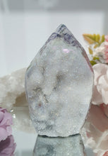 Load image into Gallery viewer, Titanium Aura Sphalerite Flame Tower Druzy Crystal Cluster

PROMOTES PSYCHIC DEVELOPMENT AND UPLIFTS

Titanium Aura Sphalerite Crystal Flame Crystal Cluster.  The Druzy is lovely on the flame!. 

