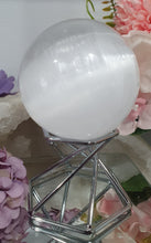 Load image into Gallery viewer, Selenite Sphere Crystal Carving on Silver Stand.| Inspires Connection to the Angelic Realm
