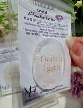 Load image into Gallery viewer, Quartz Crystal Affirmation Button. use to manifest your dreams and wants. Quartz promotes power and spirituality. 

