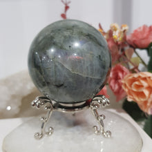 Load image into Gallery viewer, Labradorite Sphere Crystal Carving Stone on silver stand 60mm 3
