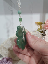 Load image into Gallery viewer, LUCKY FOUR-LEAF CLOVER BLESSINGS" Handcrafted Aventurine Crystal Carving Silver Stone Crystal Energy Enhancer© / Hanger / Ornament / Suncatcher 

Promotes GOOD FORTUNE | HOPE | MAGIC | PROTECTION

A four-leaf clover Symbolises good luck and abundance. It is believed if you hold a four-leaf clover you will gain the ability to see fairies and leprechauns and find their treasures. 

Beautiful Aventurine four-leaf clover crystal carving beaded with Amazonite, Aventurine and Quartz. Wire wrapped in Silver. 
