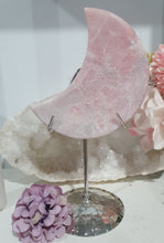 Load image into Gallery viewer, Pink Opal Moon Crystal Carving Stone on Silver Stand 

Inspires Compassion and Nurturing

Beautiful Pink Opal Moon Crystal Carving on silver stand     
