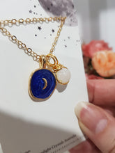 Load image into Gallery viewer, Midnight-Moon-Enamel-Pendant-with-Crystal-Moonstone-Bead-Gold-Necklace- Moonlight-Crystals-Australia
